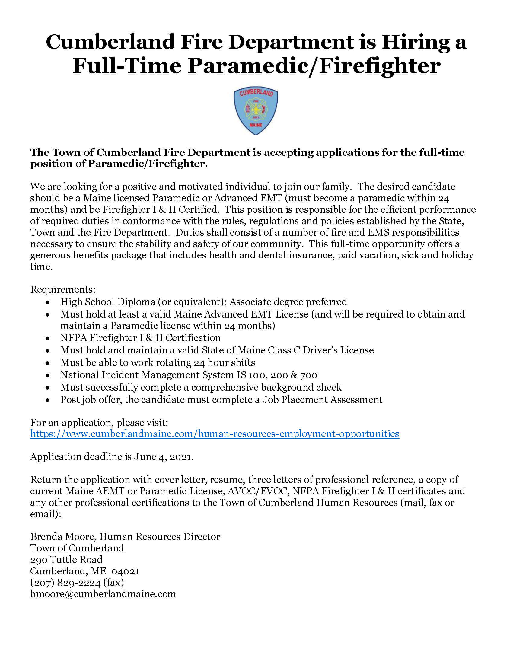 Cumberland Fire Dept Paramedic Job Posting Page 1 Maine Fire Service Institute