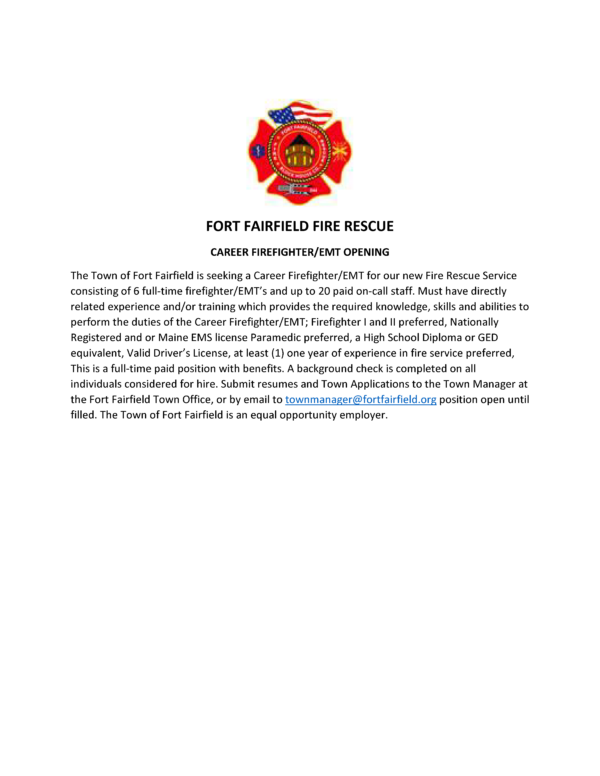 FORT FAIRFIELD FIRE RESCUE Job Ad 2019 Career Firefighter EMT Maine
