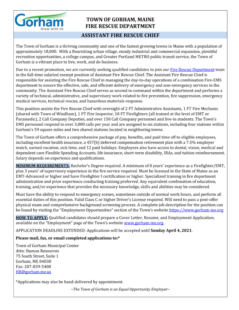 Town of Gorham Assistant Fire Rescue Chief Job Posting Maine Fire Service Institute