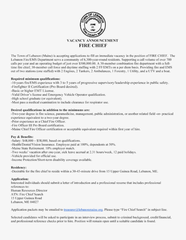 VACANCY ANNOUNCEMENT Lebanon Maine Fire Service Institute