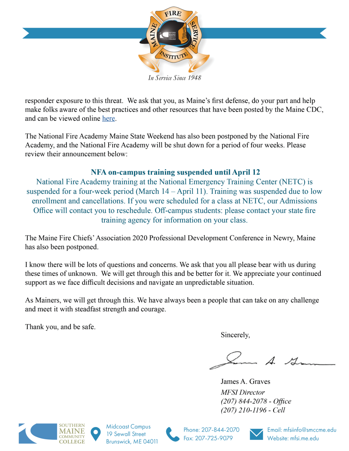 COVID letter to fire service2 Maine Fire Service Institute